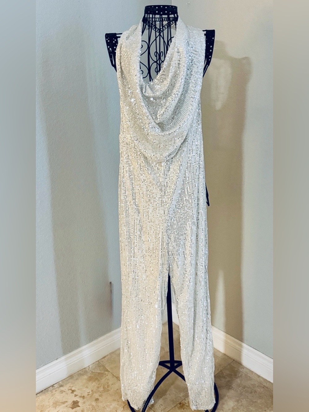 NWOT AMAZON : Silver Sexy Halter Pantsuit Open Back Fully lined